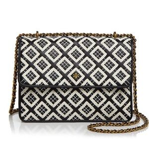 Tory Burch bag with textured black/white details & black leather and gold chain